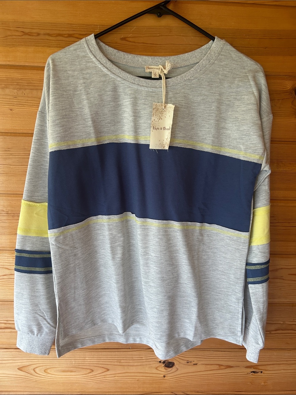 Hem & Thread Women’s Crewneck Sweatshirt in Gray, Navy & Yellow